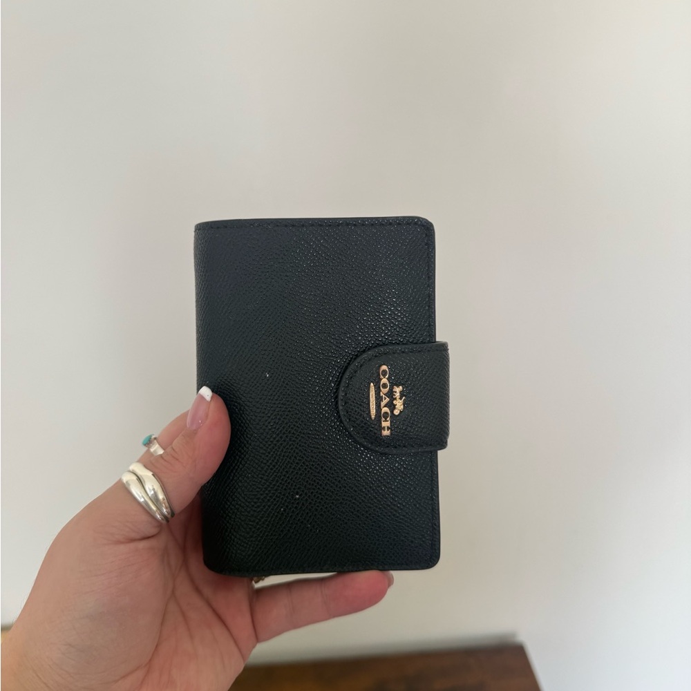 Coach Black Pebbled Leather Compact Snap Wallet with Gold Logo